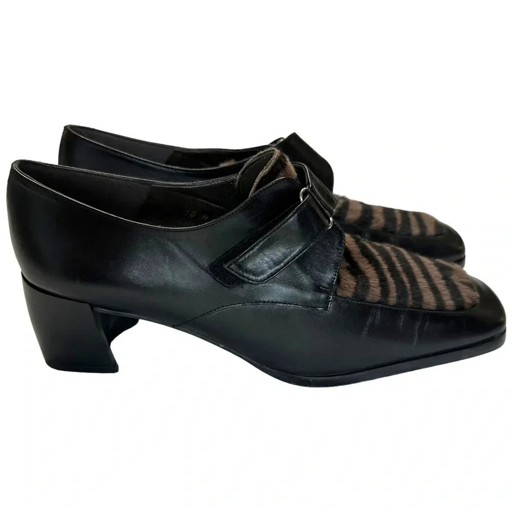 Cara Molina 10M black leather square toe heeled loafers animal print calf hair
